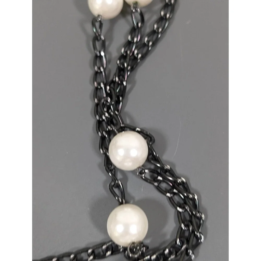 Gunmetal‎ Gray Multi Chain Faux Pearl Station Necklace Layered Long 31in